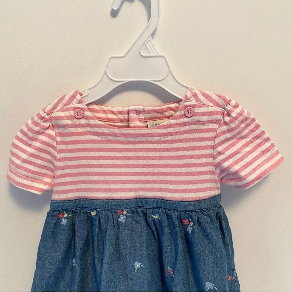 JoJo Maman Bebe Baby Girls Pink Stripe & Denim Skirt Dress Size 6-12 Months